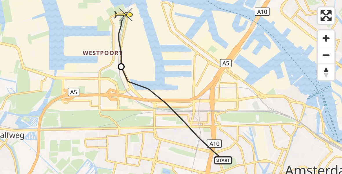 Routekaart van de vlucht: Lifeliner 1 naar Amsterdam Heliport