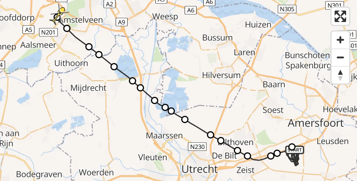 Routekaart van de vlucht: Politieheli naar Schiphol