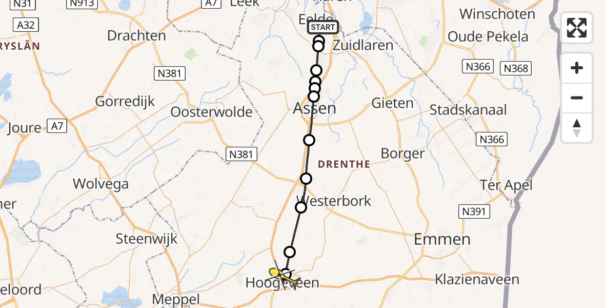 Routekaart van de vlucht: Lifeliner 4 naar Hoogeveen