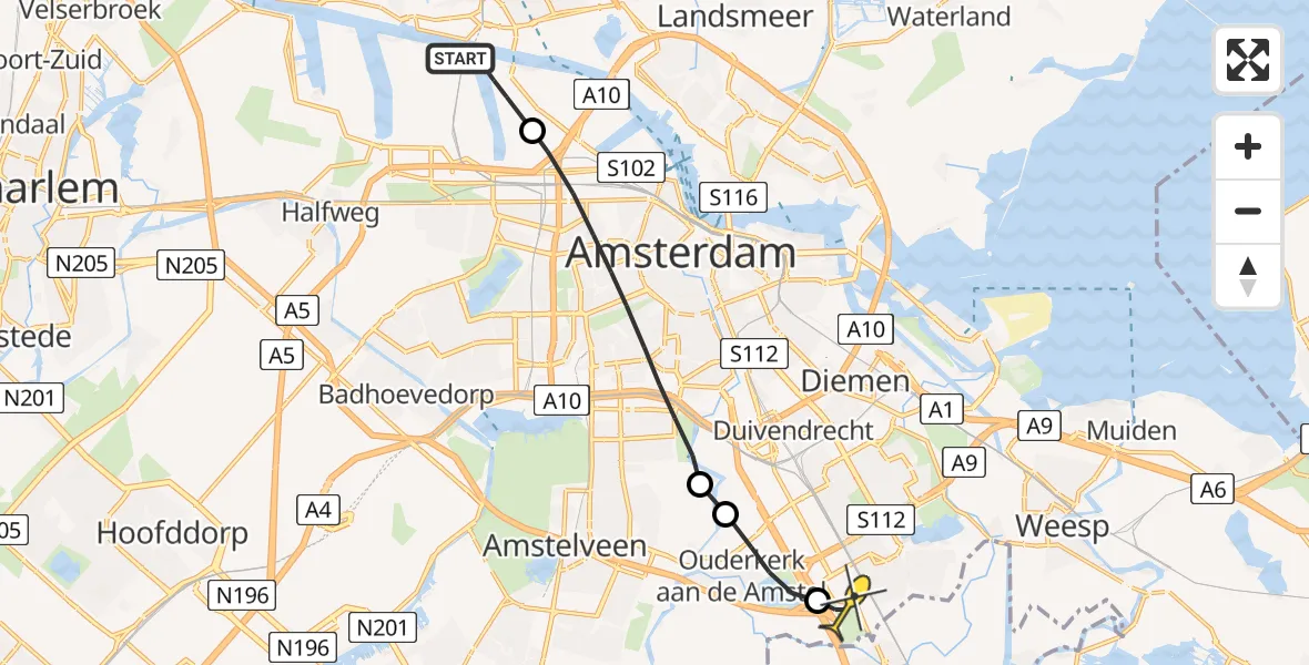 Routekaart van de vlucht: Lifeliner 1 naar Academisch Medisch Centrum (AMC)