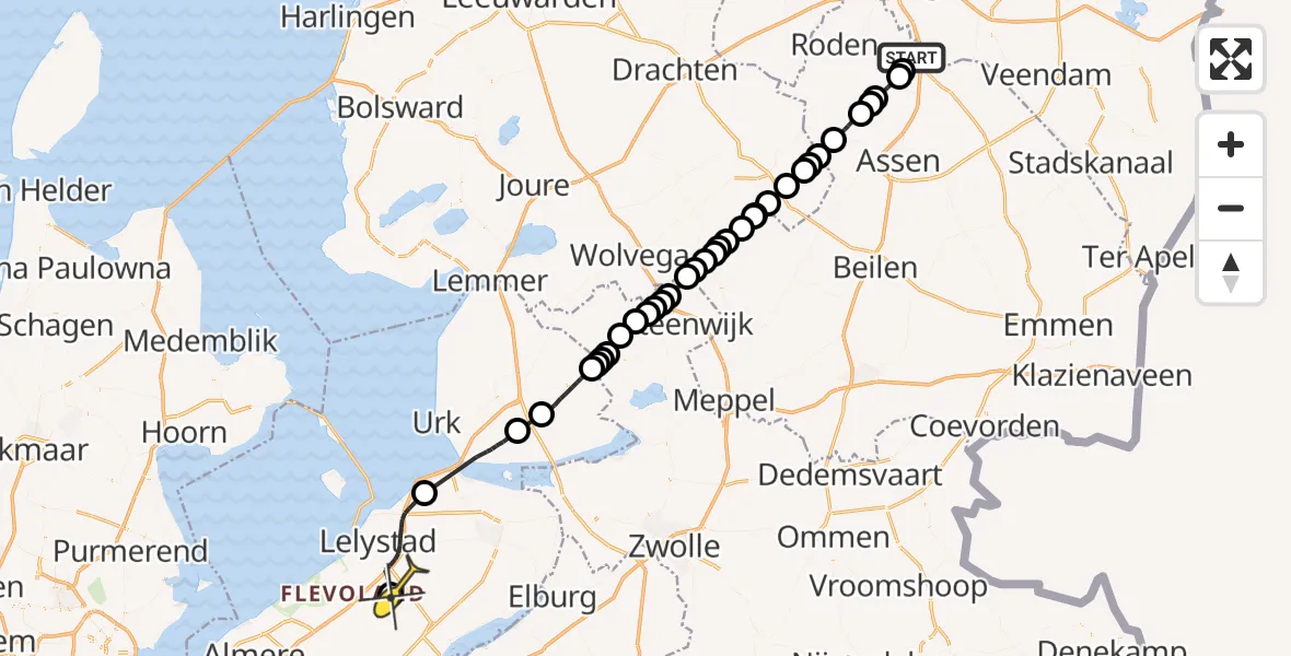 Routekaart van de vlucht: Traumaheli naar Lelystad Airport