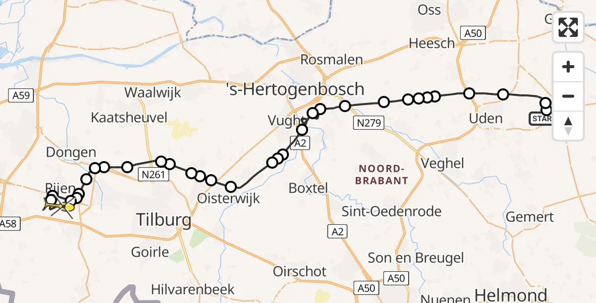 Routekaart van de vlucht: Politieheli naar Vliegbasis Gilze-Rijen