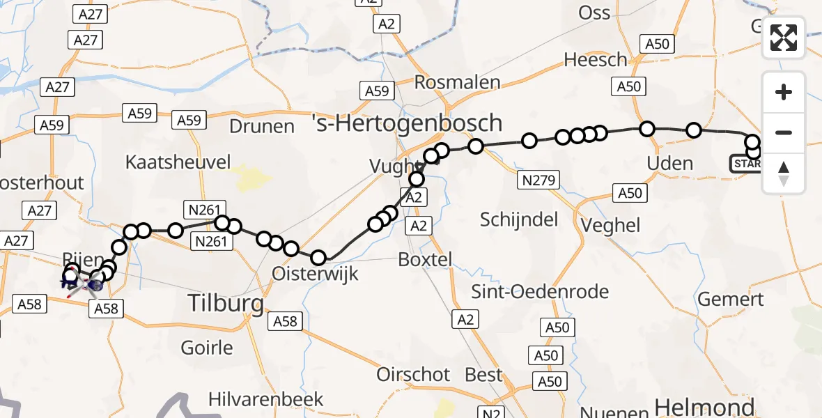 Vluchtroute Politiehelikopter Vliegbasis Volkel - Vliegbasis Gilze-Rijen, 21 juni 2022, 07:52