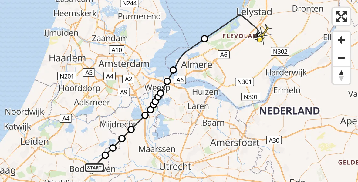 Routekaart van de vlucht: Traumaheli naar Lelystad Airport