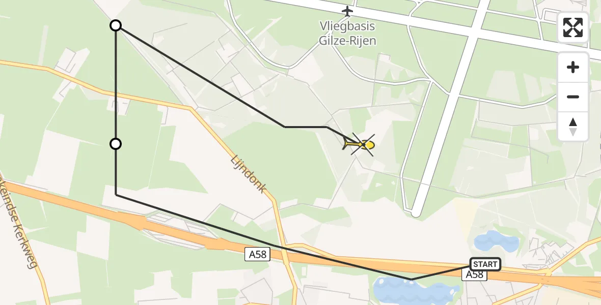 Vluchtroute Politiehelikopter van Gilze naar Vliegbasis Gilze-Rijen
