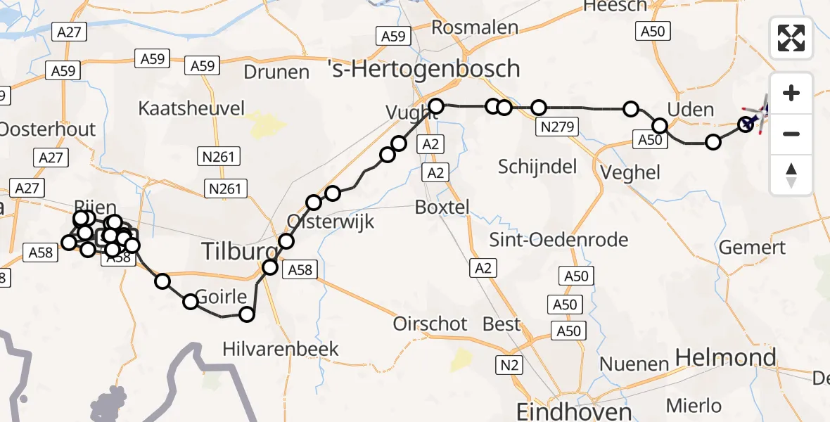 Vluchtroute Politiehelikopter Vliegbasis Gilze-Rijen - Vliegbasis Volkel, 21 juni 2022, 11:53