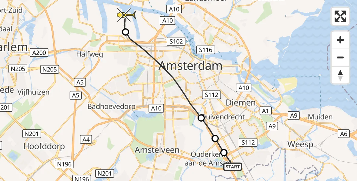 Routekaart van de vlucht: Lifeliner 1 naar Amsterdam Heliport