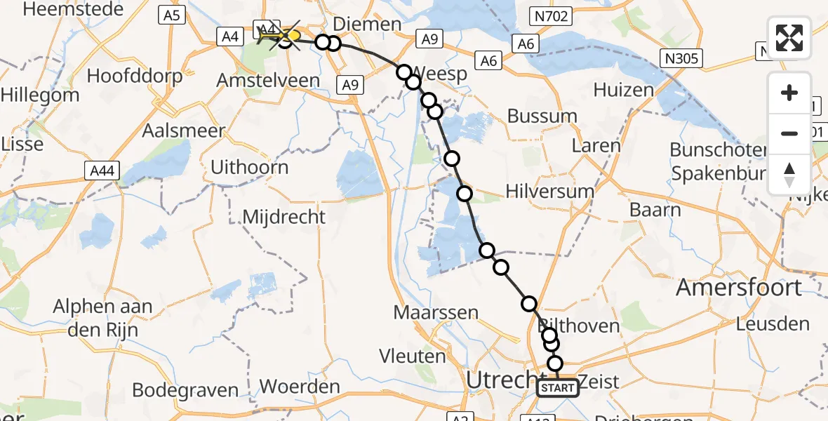 Routekaart van de vlucht: Lifeliner 1 naar VU Medisch Centrum Amsterdam