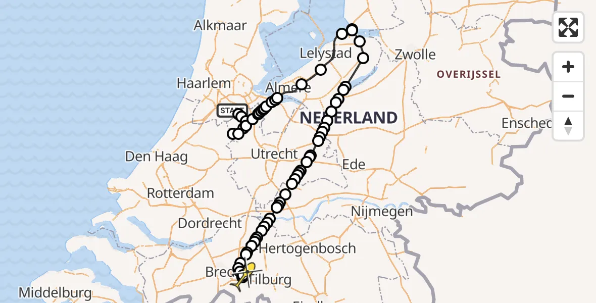 Vluchtroute Politiehelikopter van Amstelveen naar Vliegbasis Gilze-Rijen