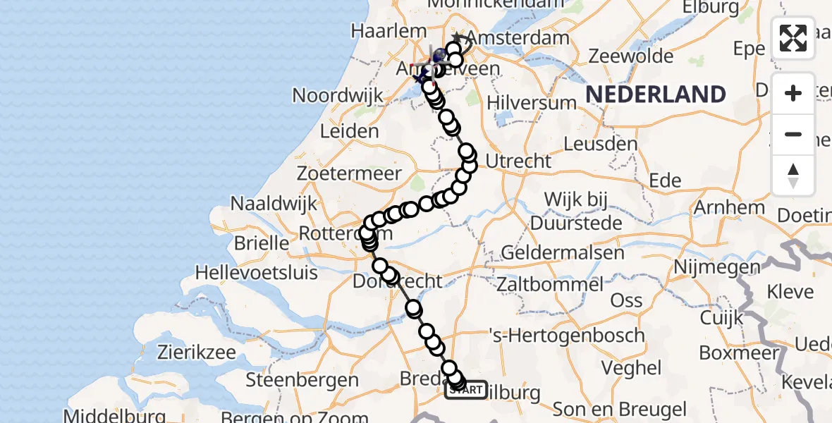 Vluchtroute Politiehelikopter van Vliegbasis Gilze-Rijen naar Schiphol