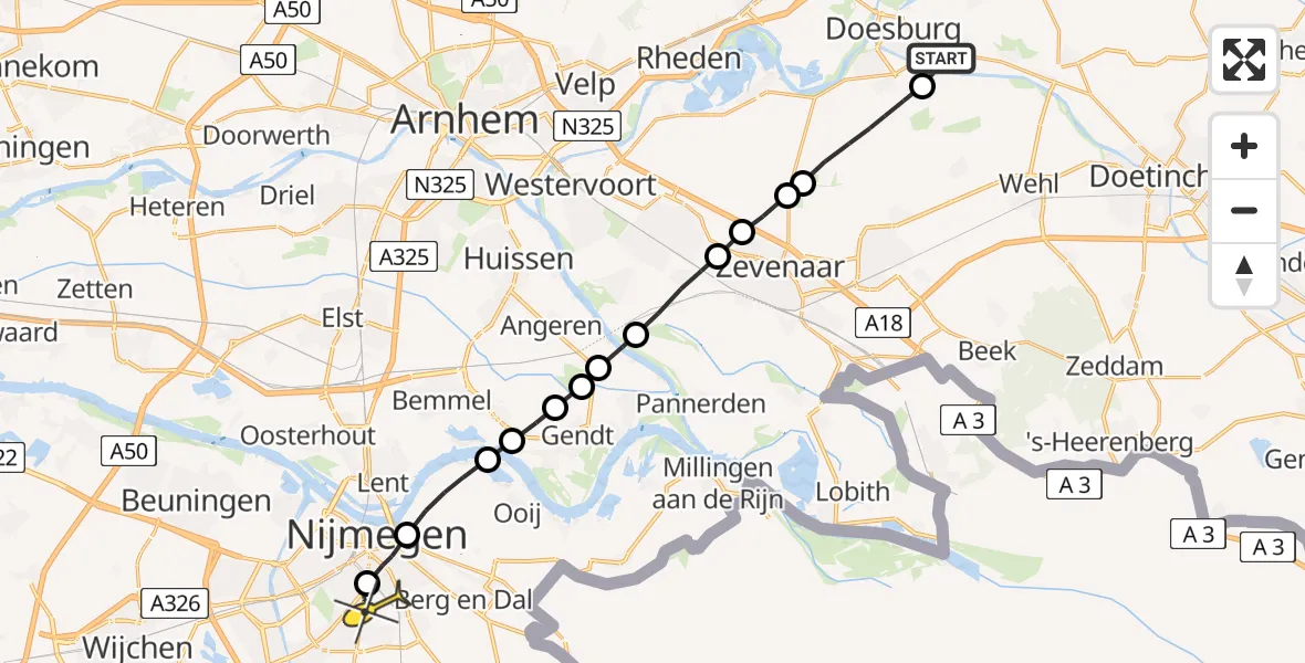 Routekaart van de vlucht: Lifeliner 3 naar Radboud Universitair Medisch Centrum