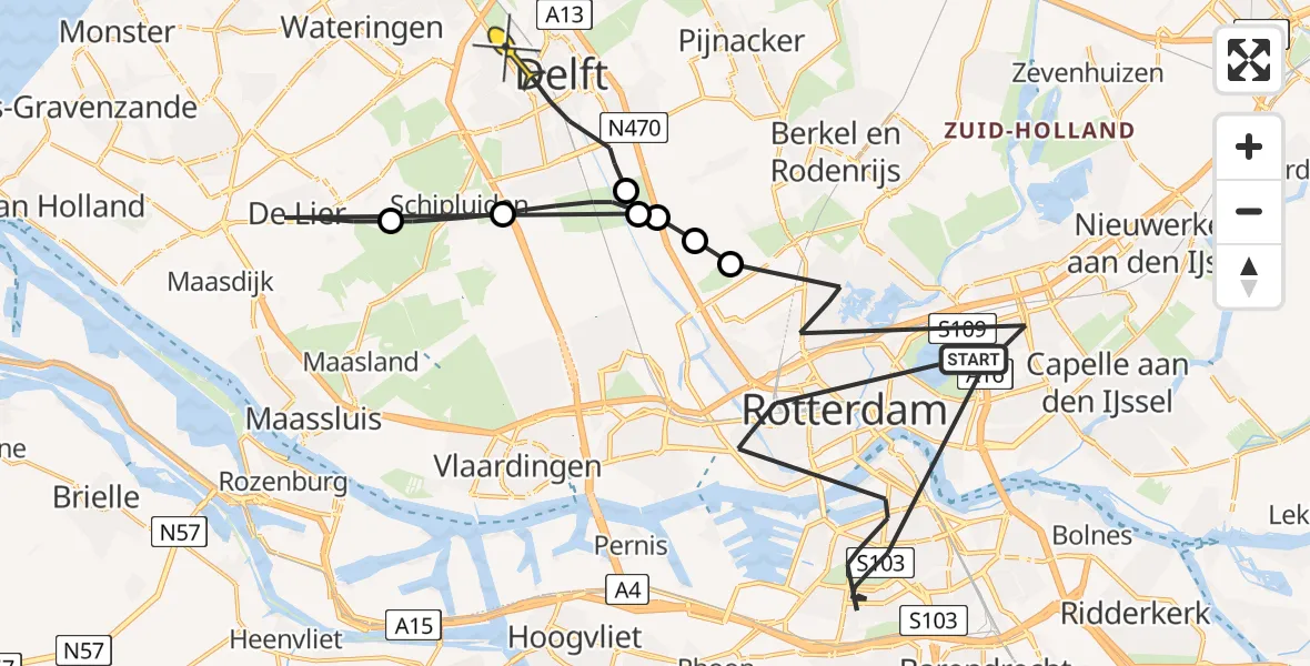 Routekaart van de vlucht: Politieheli naar Delft