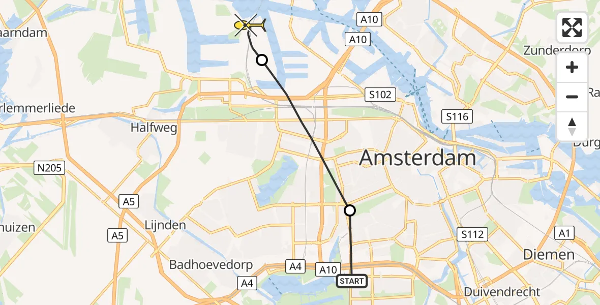 Routekaart van de vlucht: Lifeliner 1 naar Amsterdam Heliport