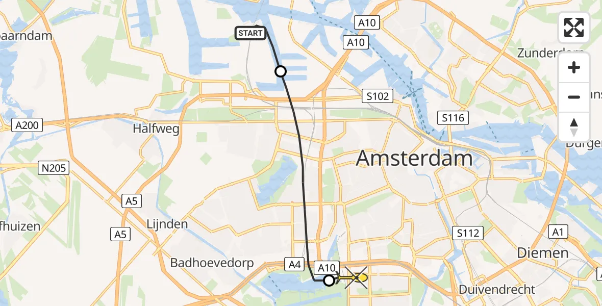 Routekaart van de vlucht: Lifeliner 1 naar VU Medisch Centrum Amsterdam