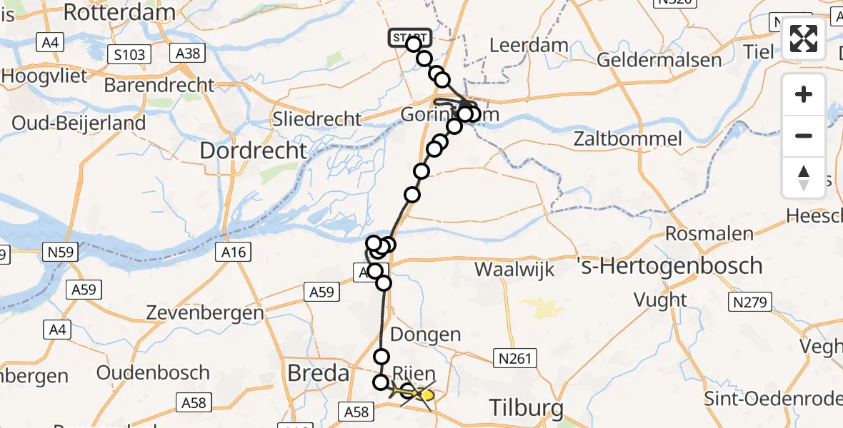Routekaart van de vlucht: Politieheli naar Vliegbasis Gilze-Rijen