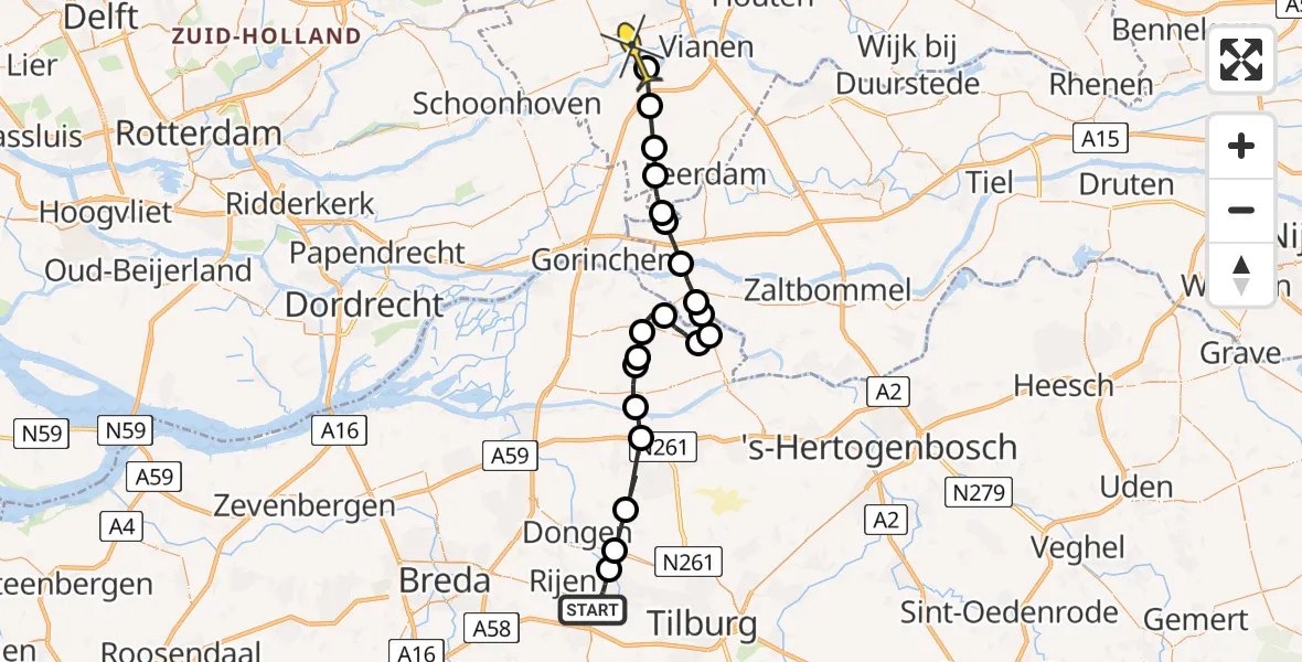 Routekaart van de vlucht: Politieheli naar Lopikerkapel