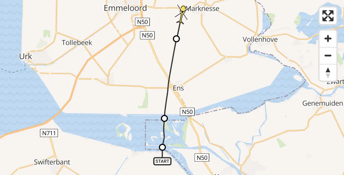 Routekaart van de vlucht: Ambulancehelikopter naar Marknesse
