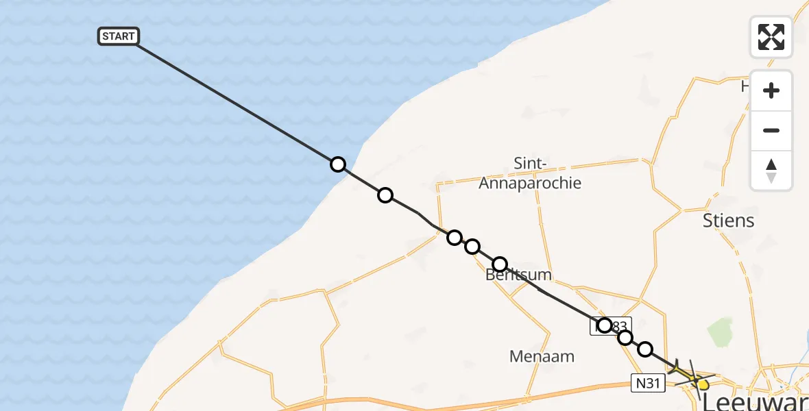Routekaart van de vlucht: Ambulancehelikopter naar Leeuwarden