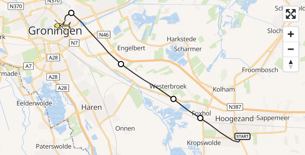 Routekaart van de vlucht: Lifeliner 4 naar Universitair Medisch Centrum Groningen