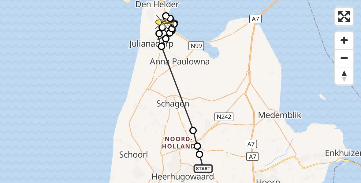 Routekaart van de vlucht: Politieheli naar Vliegveld De Kooy