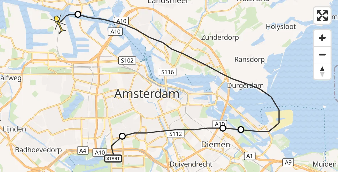 Routekaart van de vlucht: Lifeliner 1 naar Amsterdam Heliport