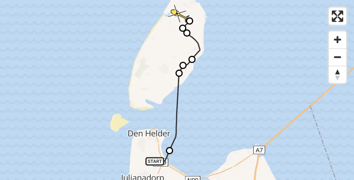 Routekaart van de vlucht: Politieheli naar De Cocksdorp