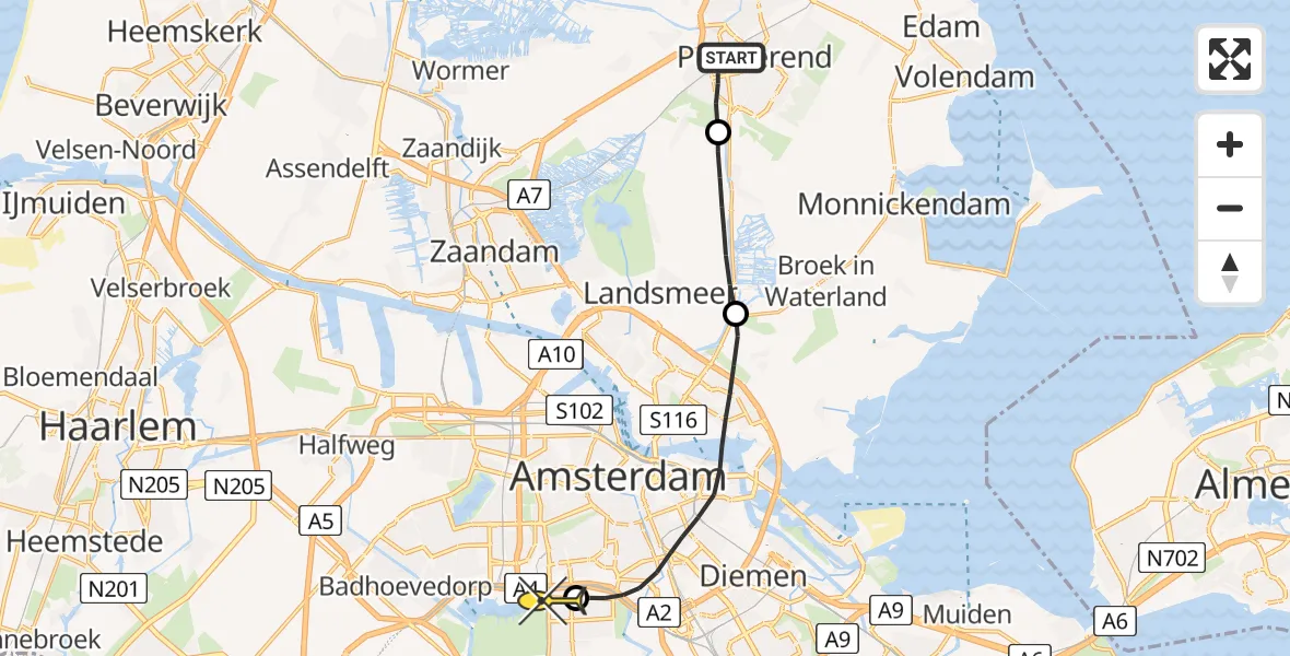 Routekaart van de vlucht: Lifeliner 1 naar VU Medisch Centrum Amsterdam