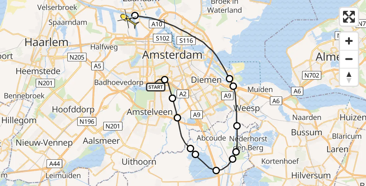 Routekaart van de vlucht: Lifeliner 1 naar Amsterdam Heliport