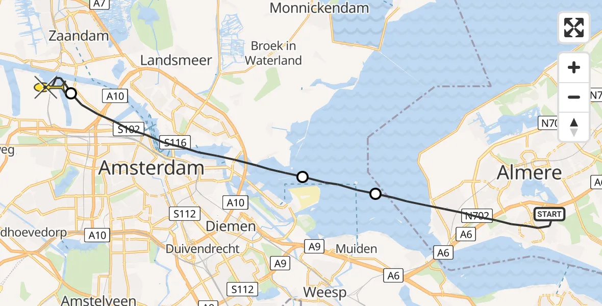 Routekaart van de vlucht: Lifeliner 1 naar Amsterdam Heliport