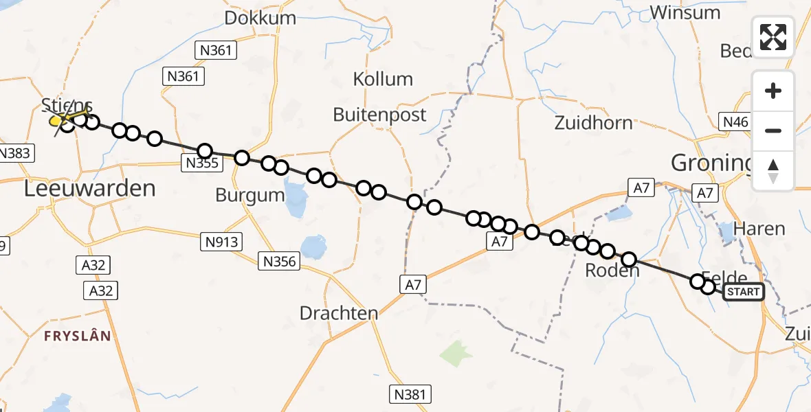 Routekaart van de vlucht: Lifeliner 4 naar Stiens