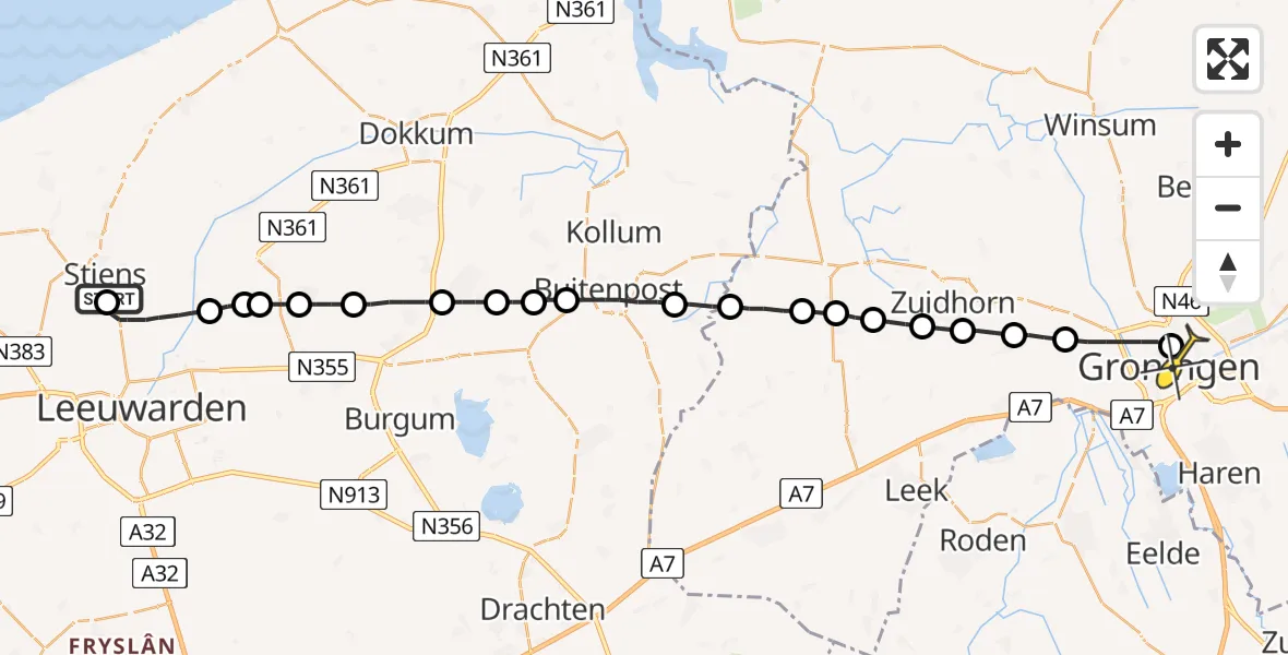 Routekaart van de vlucht: Lifeliner 4 naar Universitair Medisch Centrum Groningen