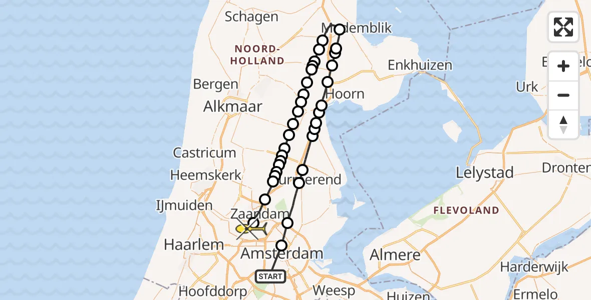 Routekaart van de vlucht: Lifeliner 1 naar Amsterdam Heliport