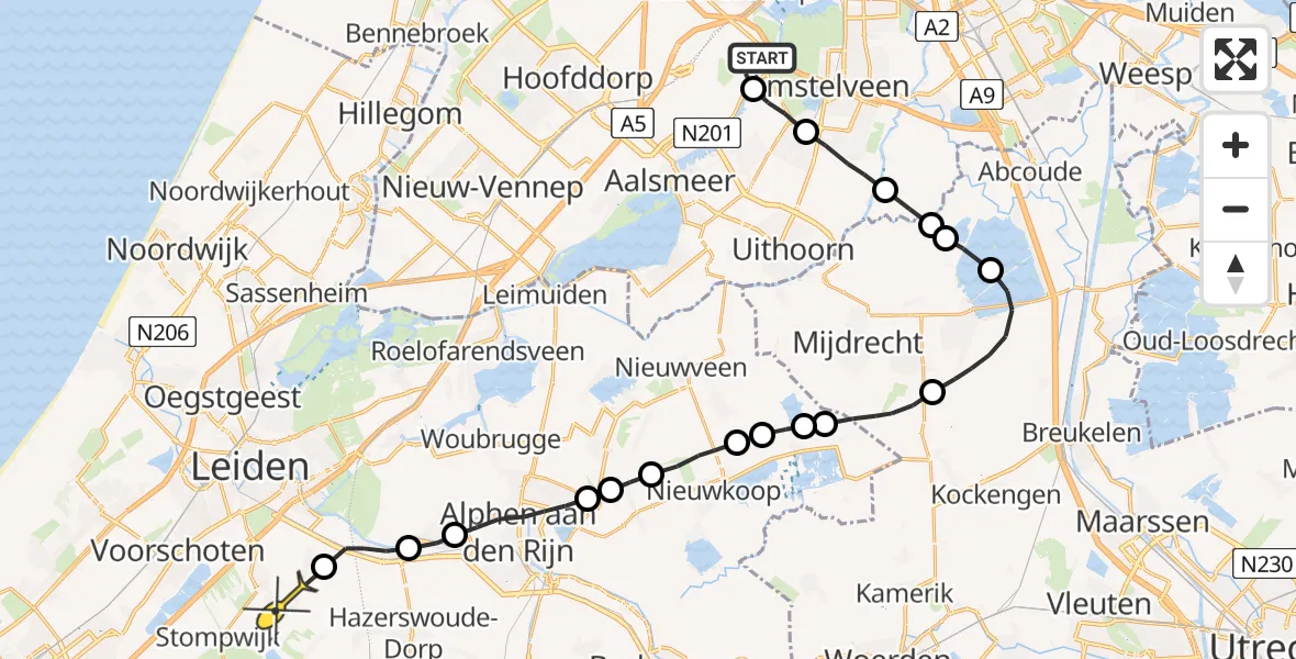 Routekaart van de vlucht: Politieheli naar Zoeterwoude