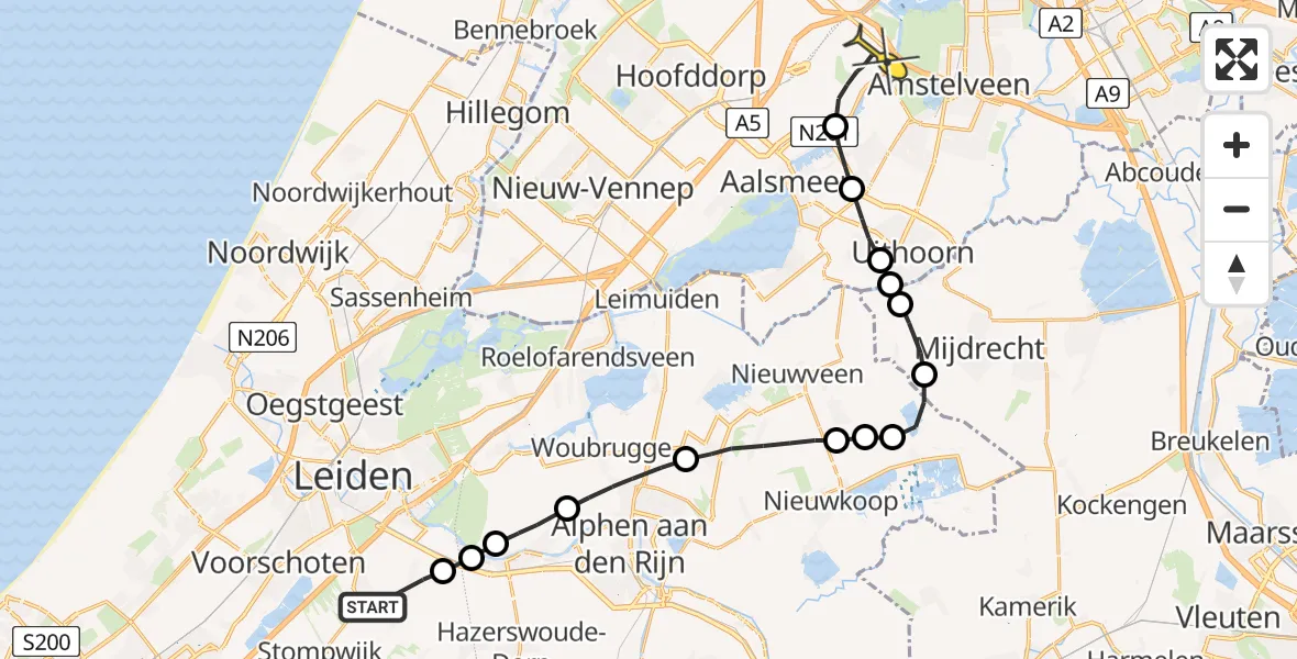 Routekaart van de vlucht: Politieheli naar Schiphol