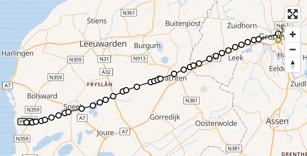 Routekaart van de vlucht: Lifeliner 4 naar Universitair Medisch Centrum Groningen