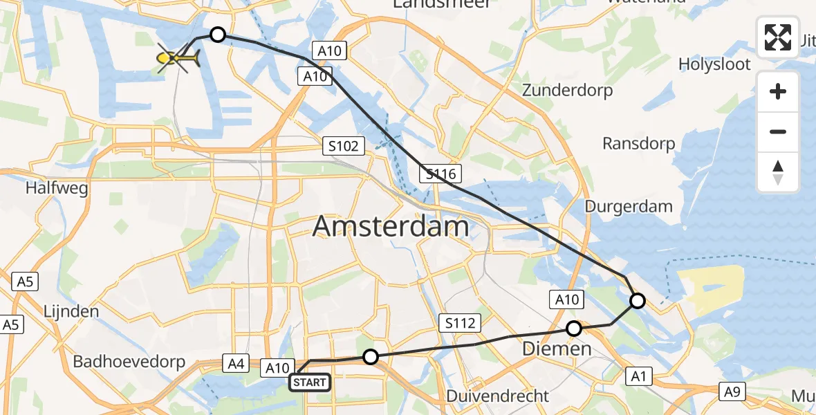 Routekaart van de vlucht: Lifeliner 1 naar Amsterdam Heliport