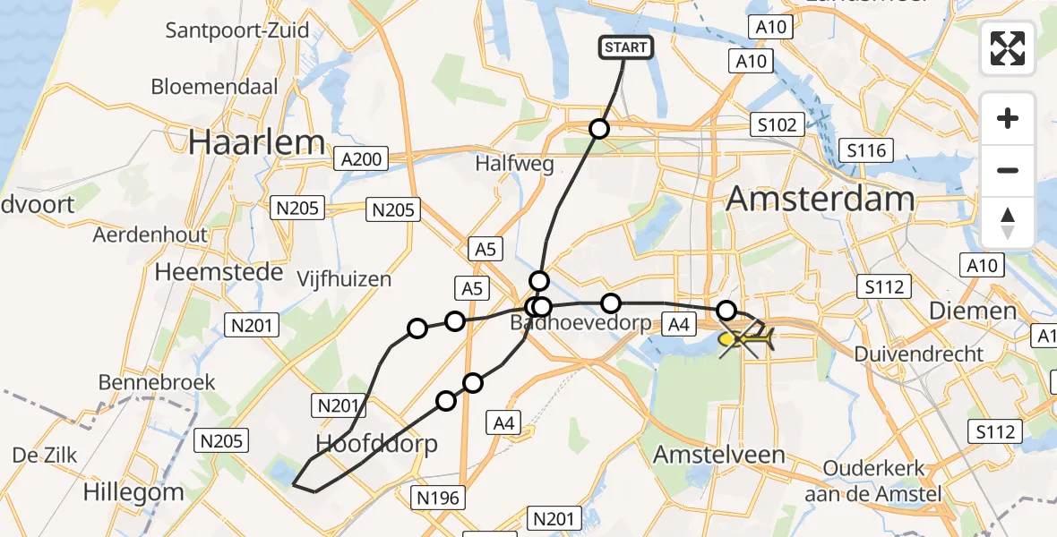 Routekaart van de vlucht: Lifeliner 1 naar VU Medisch Centrum Amsterdam