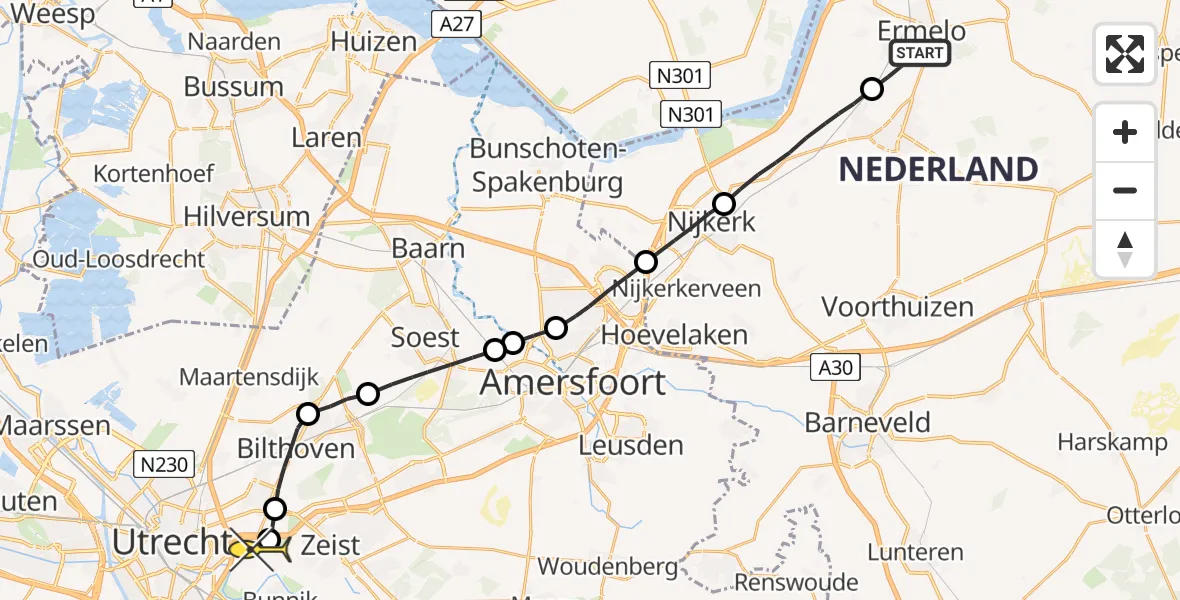 Routekaart van de vlucht: Lifeliner 1 naar Universitair Medisch Centrum Utrecht