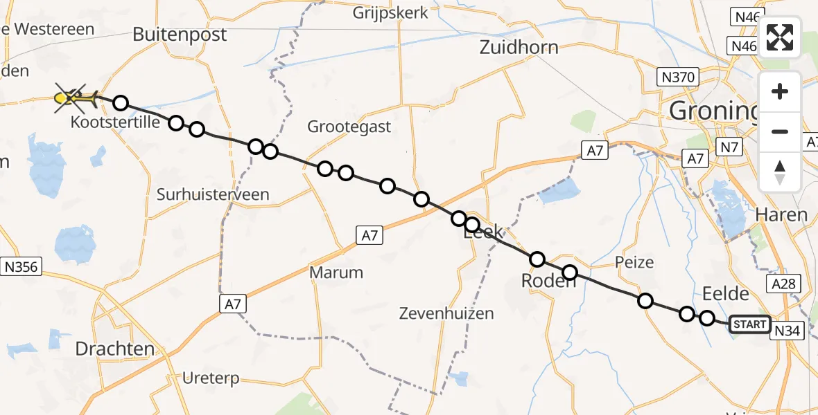 Routekaart van de vlucht: Lifeliner 4 naar Kootstertille