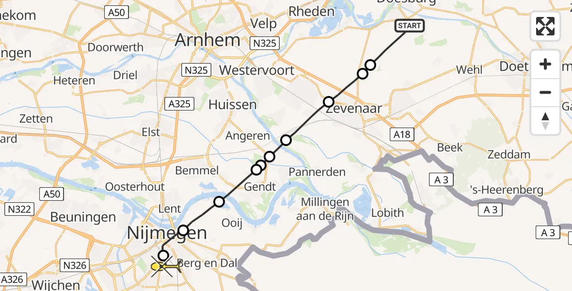 Routekaart van de vlucht: Lifeliner 3 naar Radboud Universitair Medisch Centrum