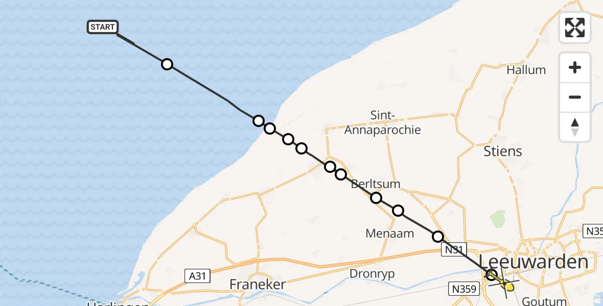 Routekaart van de vlucht: Ambulanceheli naar Leeuwarden