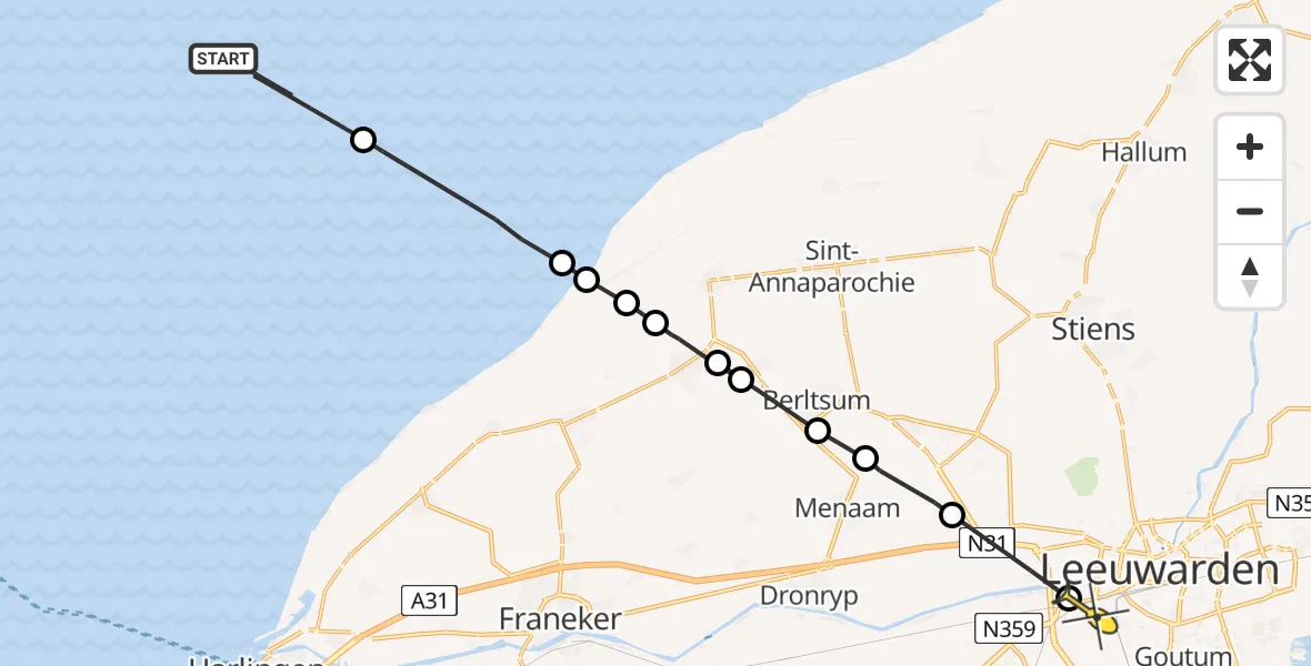 Routekaart van de vlucht: Ambulancehelikopter naar Leeuwarden