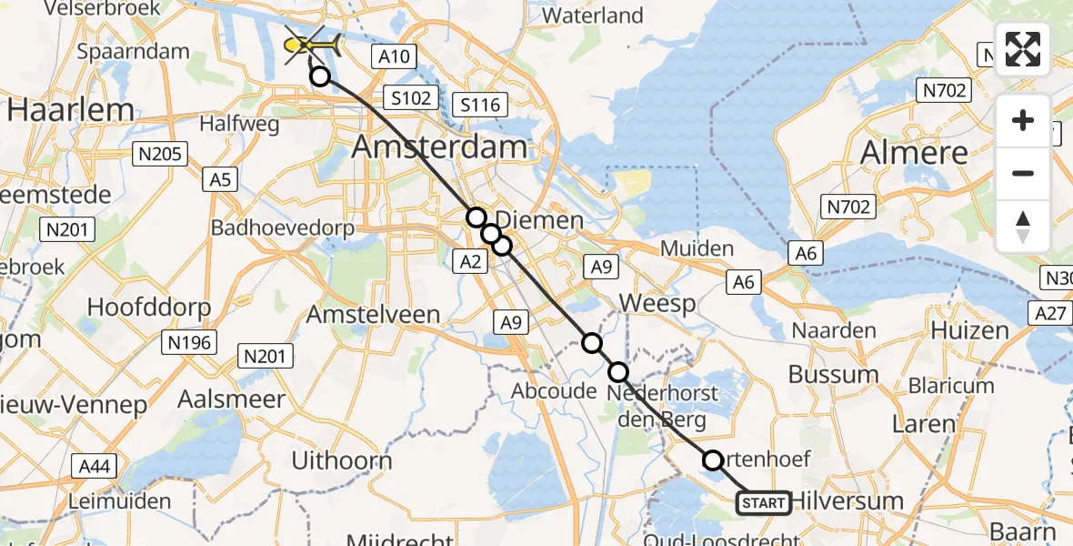 Routekaart van de vlucht: Lifeliner 1 naar Amsterdam Heliport