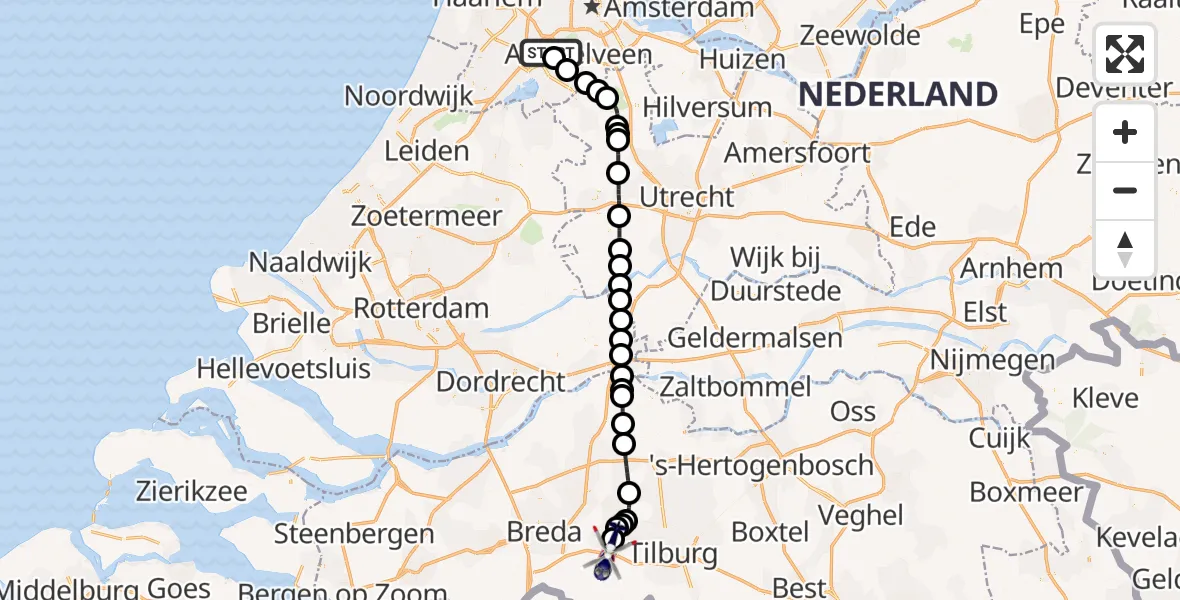 Vluchtroute Politiehelikopter van Schiphol naar Vliegbasis Gilze-Rijen