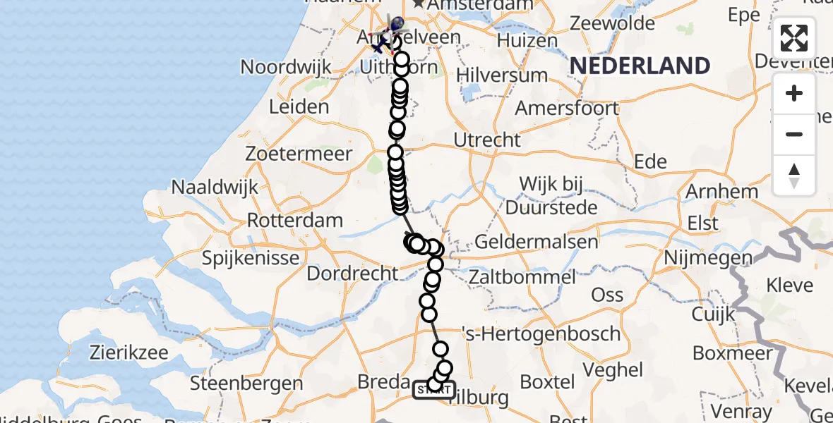 Vluchtroute Politiehelikopter van Vliegbasis Gilze-Rijen naar Schiphol
