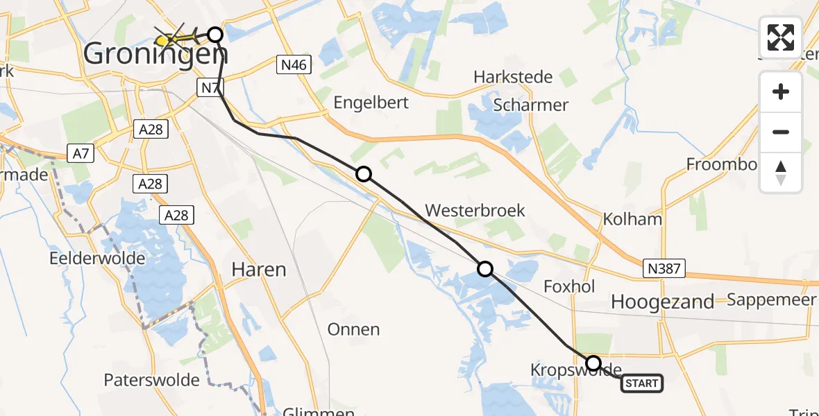 Routekaart van de vlucht: Lifeliner 4 naar Universitair Medisch Centrum Groningen