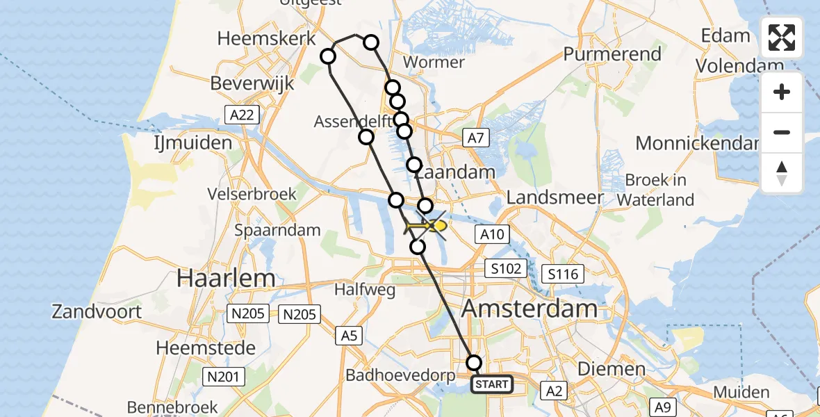 Routekaart van de vlucht: Lifeliner 1 naar Amsterdam Heliport