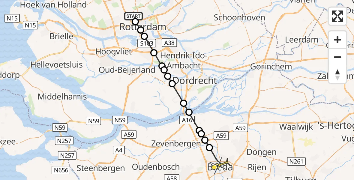 Routekaart van de vlucht: Lifeliner 2 naar Breda