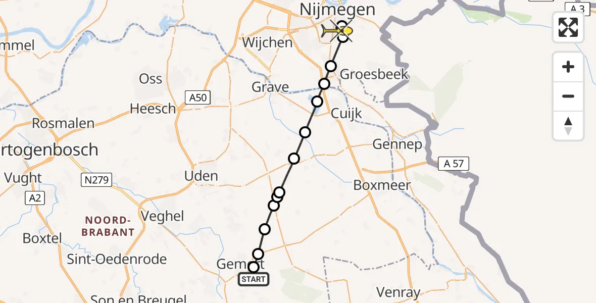 Routekaart van de vlucht: Lifeliner 3 naar Radboud Universitair Medisch Centrum