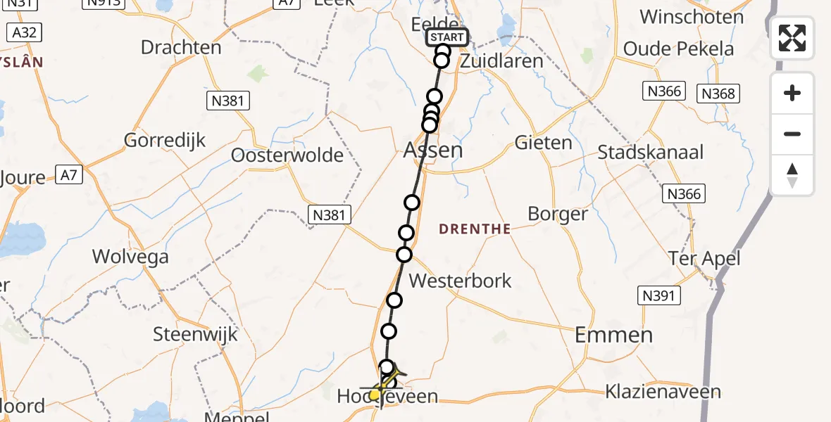 Routekaart van de vlucht: Lifeliner 4 naar Hoogeveen